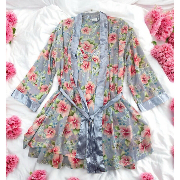 VTG Cabernet Satin Wrap Robe W/ Chemise Nightgown Sz L Floral Silky Romantic - Picture 1 of 14